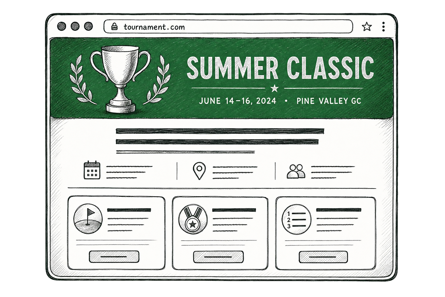 Pen-and-ink illustration of a tournament website inside a browser window
