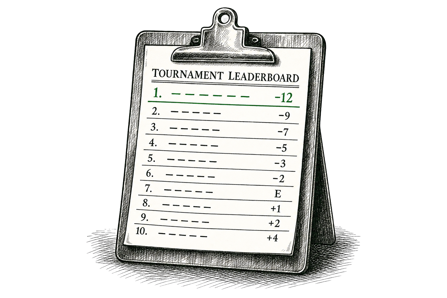 Pen-and-ink illustration of a clipboard holding a tournament leaderboard with a highlighted leader row