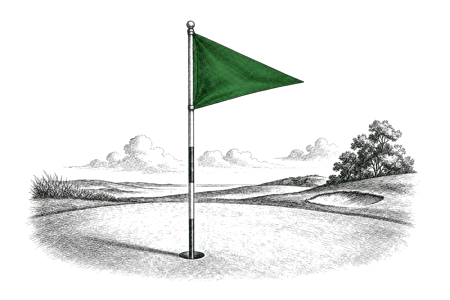 Hand-drawn editorial illustration of a golf flag planted on a fairway