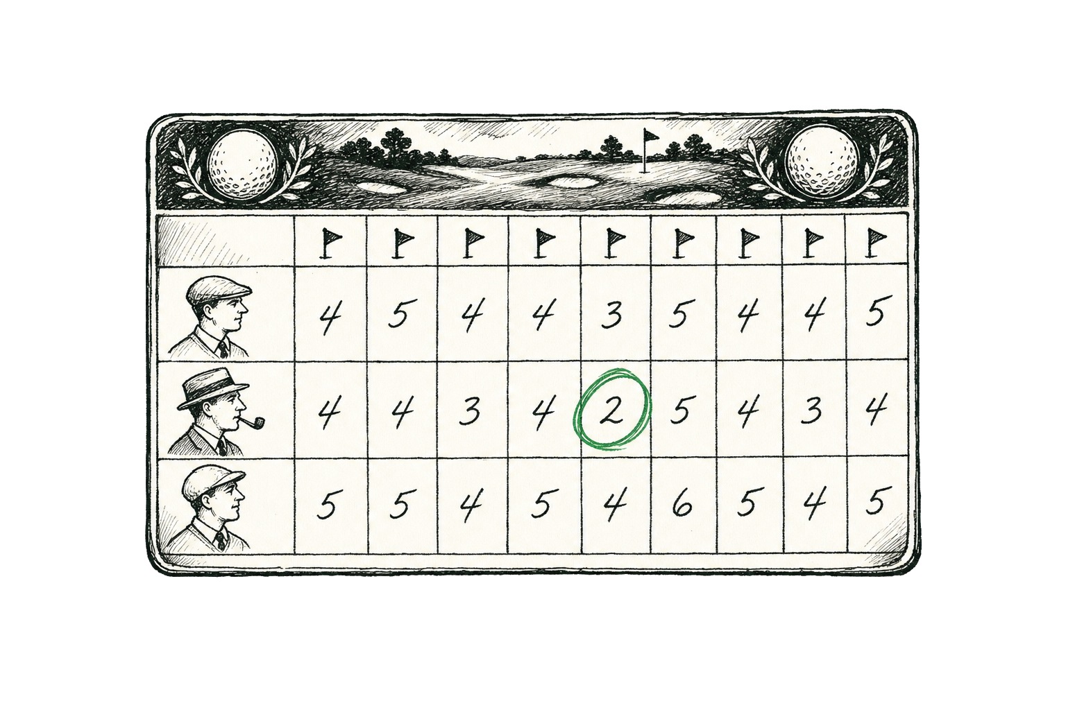 Pen-and-ink illustration of a vintage golf scorecard with hole numbers, scores, and a circled birdie