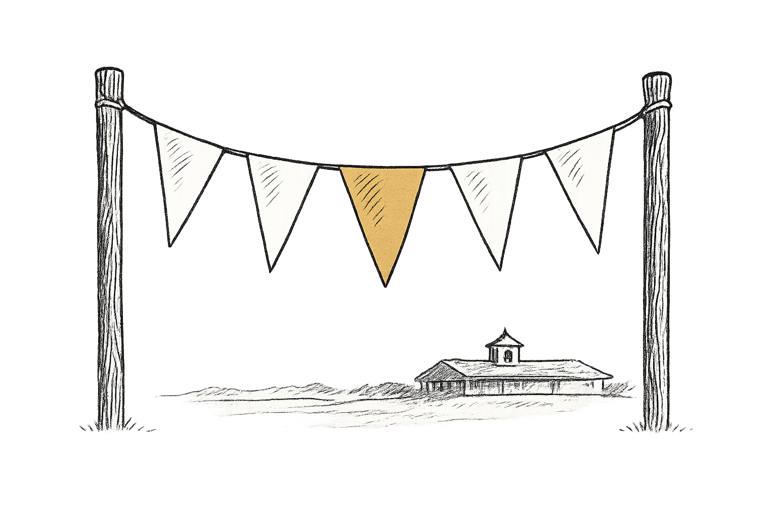 Pen-and-ink illustration of stacked tournament sponsor pennants on a flagpole